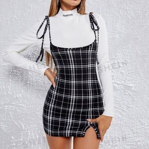 Knot Shoulder Split Hem Plaid Overall Dress size S